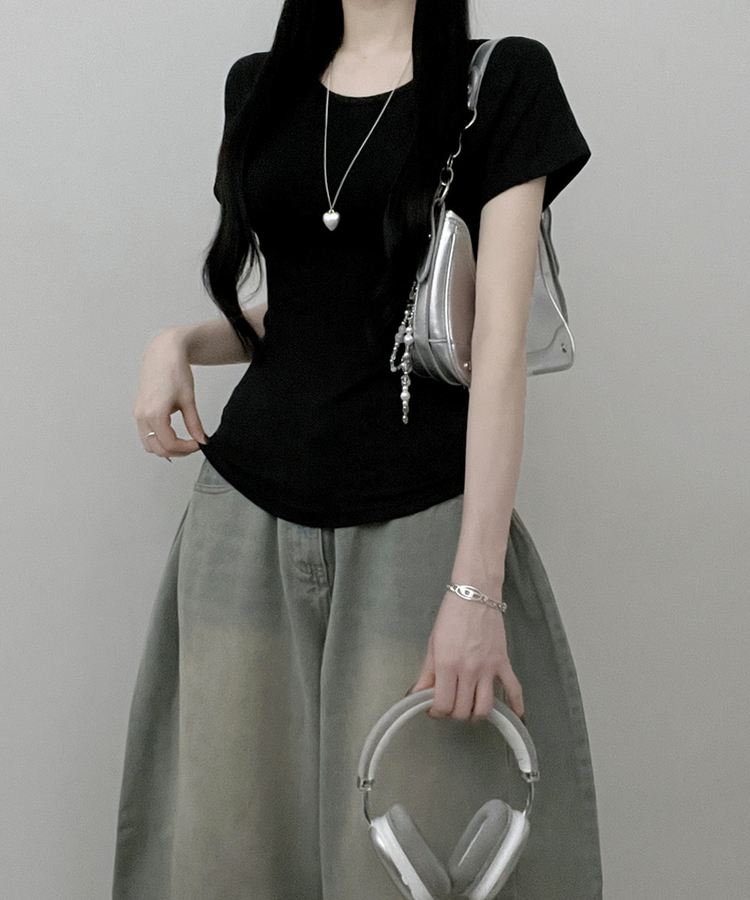 Uネックリブスリム半袖Tシャツ(6color) BLACK