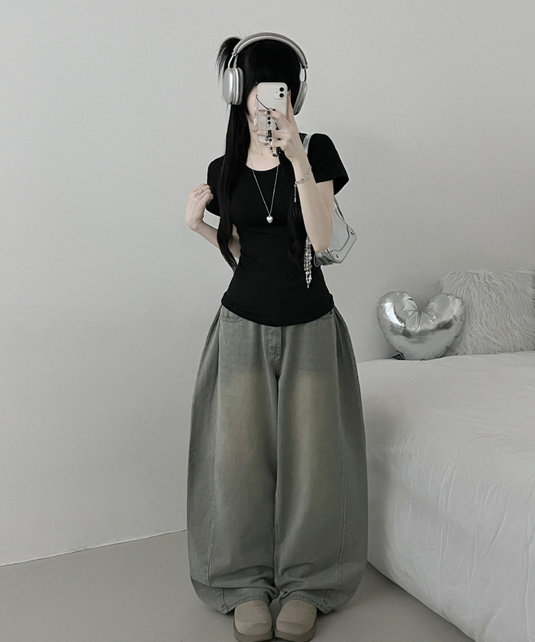 Uネックリブスリム半袖Tシャツ(6color) BLACK