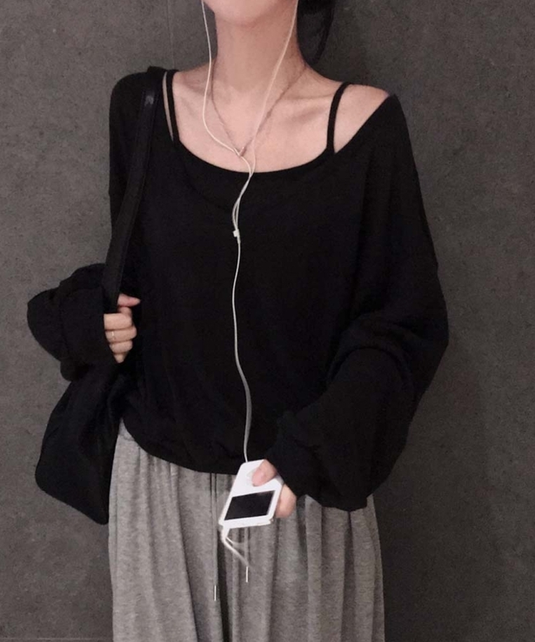 【SET】VネックスウェットTシャツ＋キャミソール BLACK