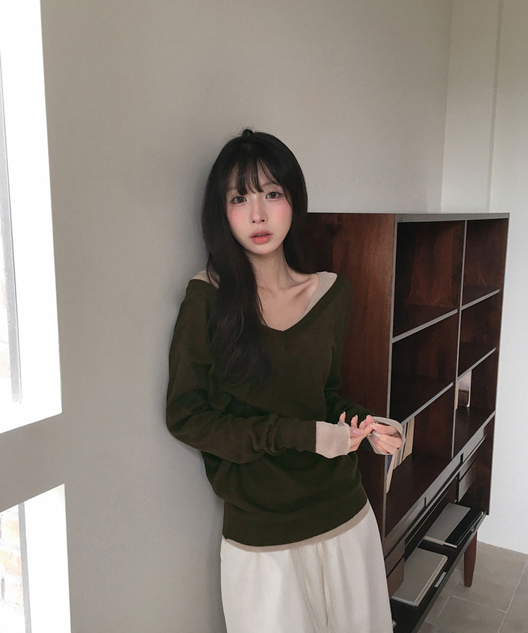 Vネックウールニット(6color) KHAKI BROWN