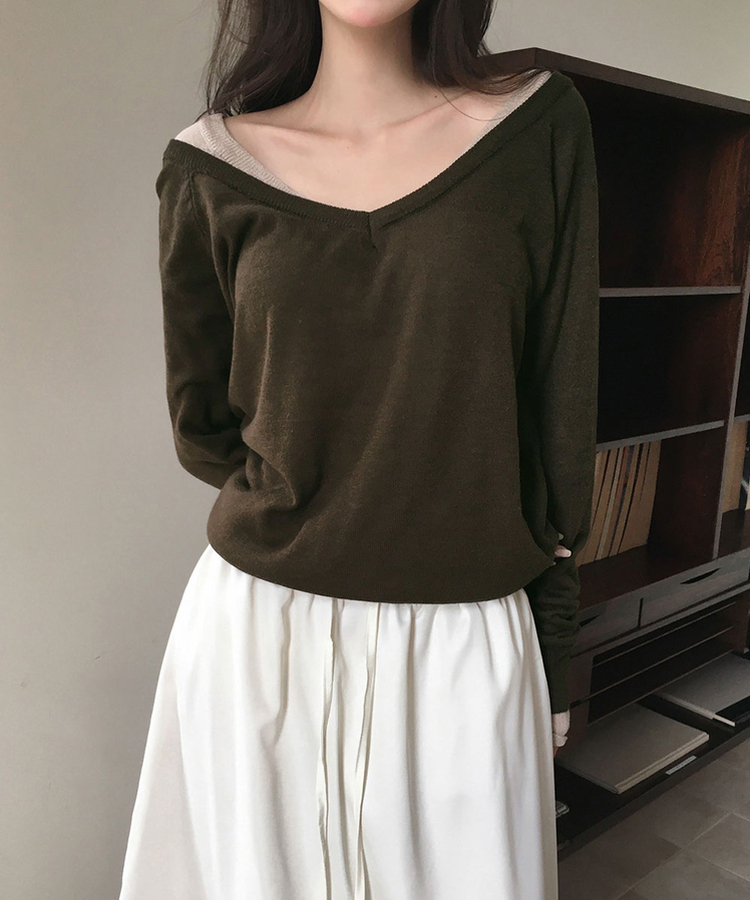 Vネックウールニット(6color) KHAKI BROWN