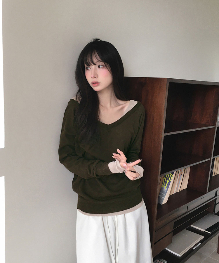 Vネックウールニット(6color) KHAKI BROWN