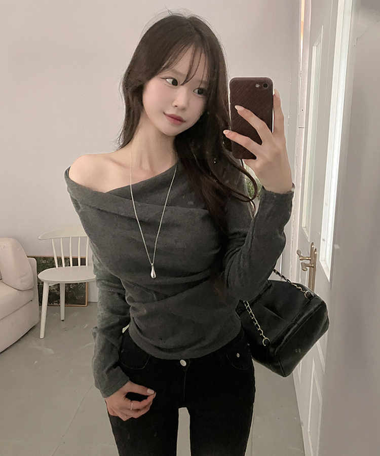 リブドレープアシメ長袖Tシャツ(5color) CHARCOAL
