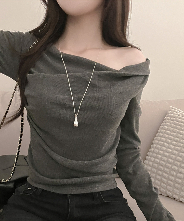 リブドレープアシメ長袖Tシャツ(5color) CHARCOAL
