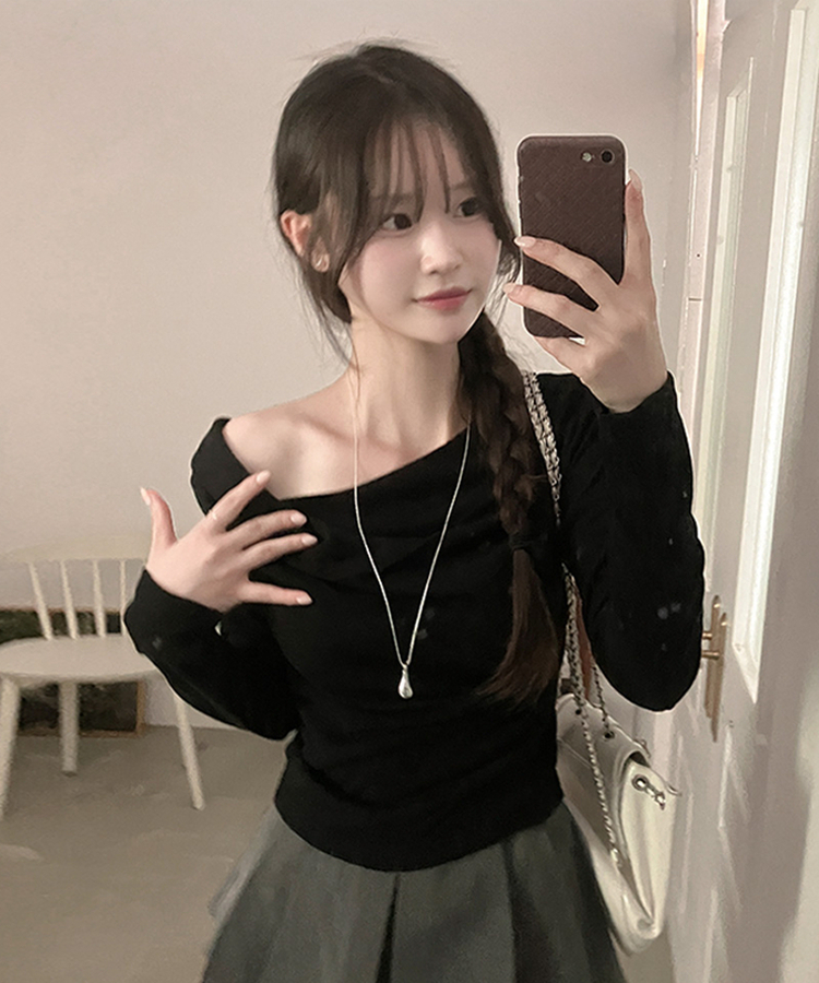 リブドレープアシメ長袖Tシャツ(5color) BLACK