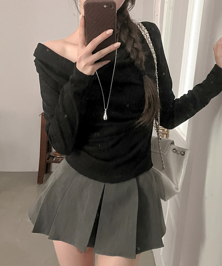 リブドレープアシメ長袖Tシャツ(5color) BLACK