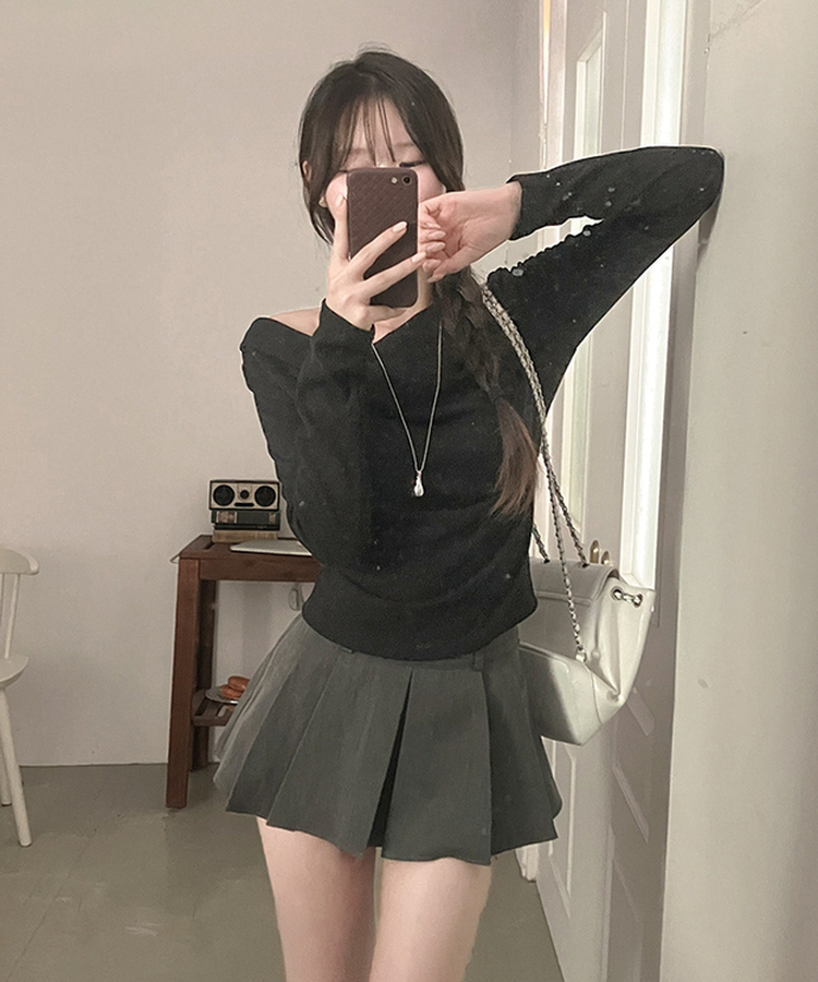 リブドレープアシメ長袖Tシャツ(5color) BLACK