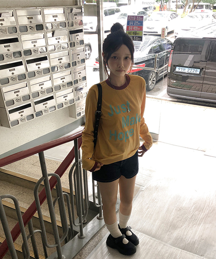 レタリングリンガー長袖Tシャツ YELLOW