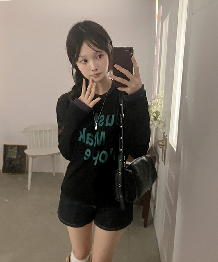 レタリングリンガー長袖Tシャツ BLACK