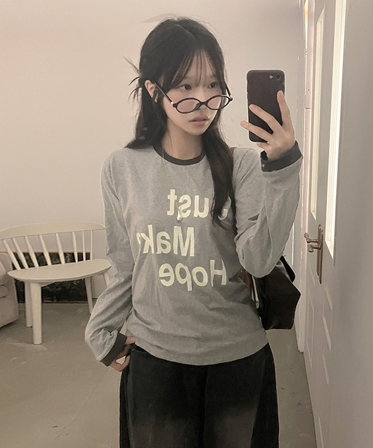 レタリングリンガー長袖Tシャツ GREY