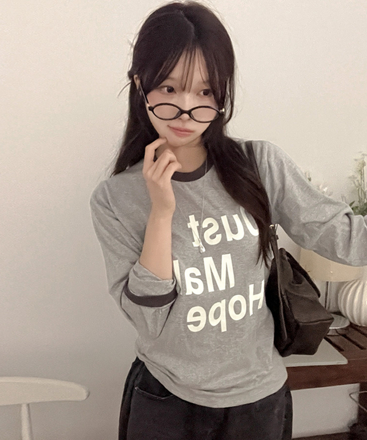 レタリングリンガー長袖Tシャツ GREY