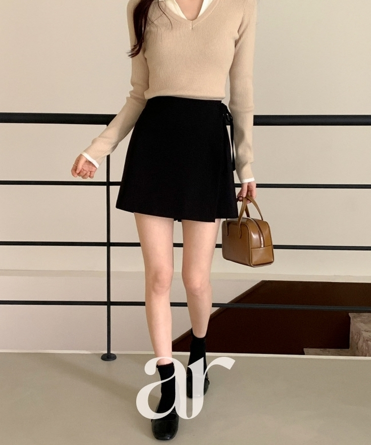(韓国製)（国内製作）（楽ちんスカートパンツ）ラップスカート リボンストラップ ショーツパンツ BLACK