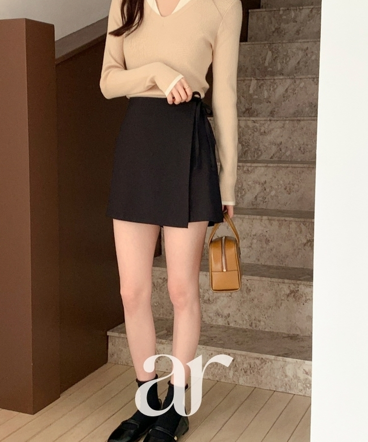 (韓国製)（国内製作）（楽ちんスカートパンツ）ラップスカート リボンストラップ ショーツパンツ BLACK