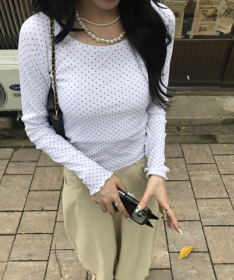 미니 도트 긴팔 골지 탑 화이트