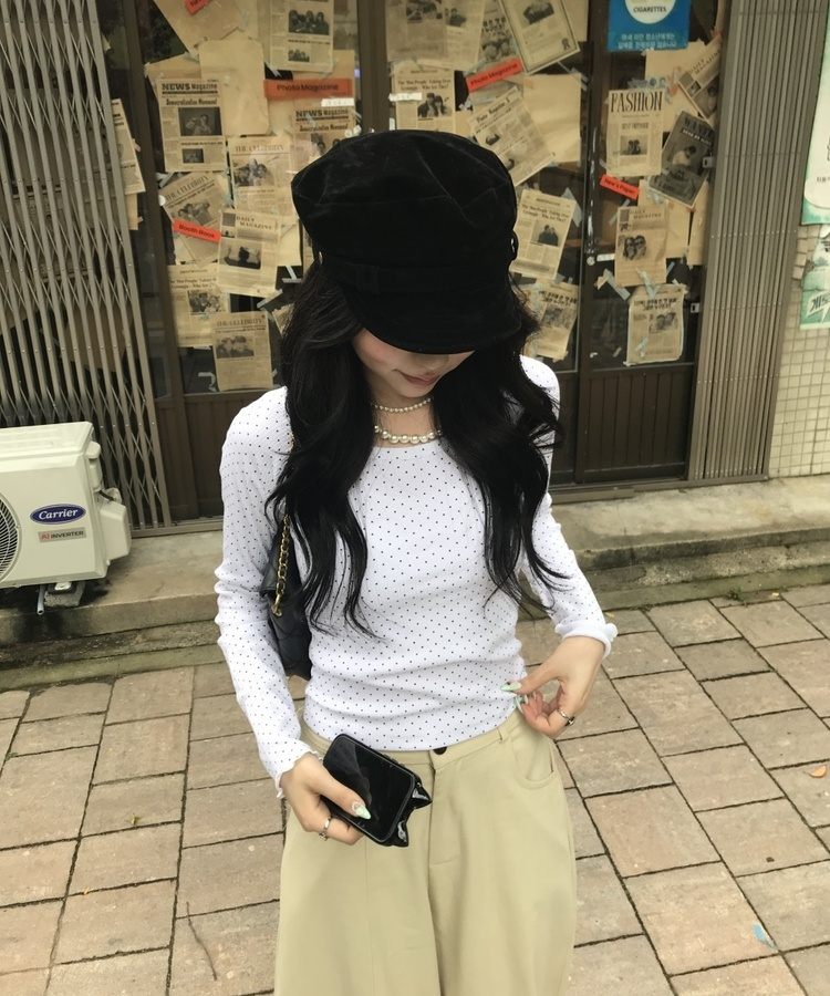 미니 도트 긴팔 골지 탑 화이트