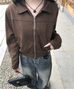 크롭 스웨이드 자켓 브라운