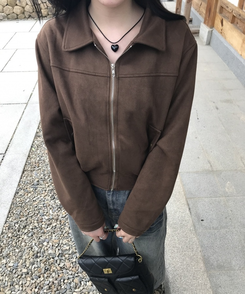크롭 스웨이드 자켓 브라운