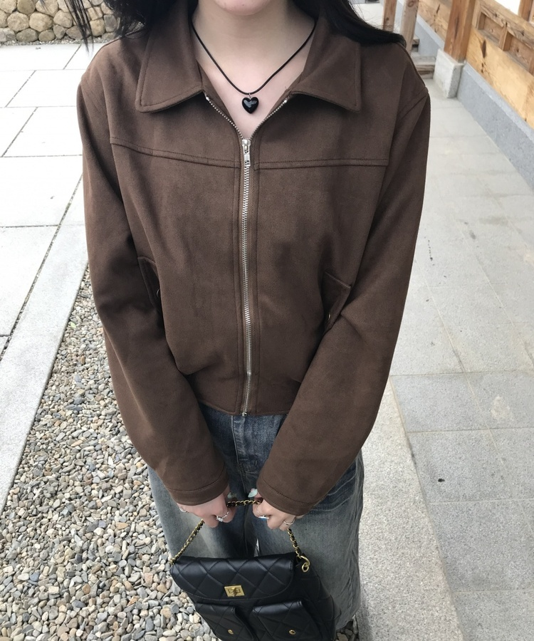 크롭 스웨이드 자켓 브라운