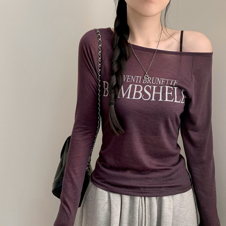 レタリングシアーオフショルTシャツ PURPLE