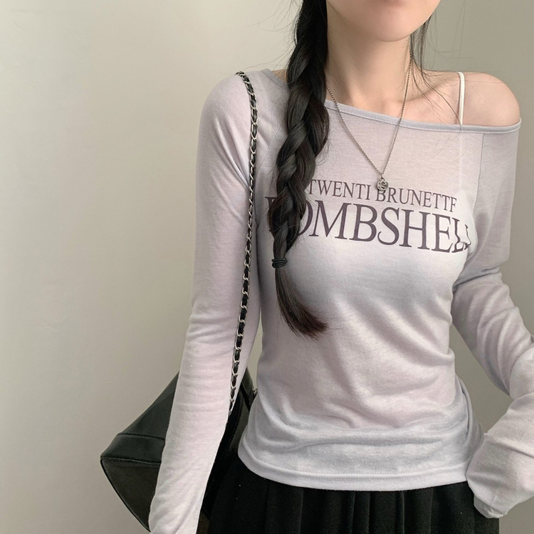 レタリングシアーオフショルTシャツ LIGHT GREY