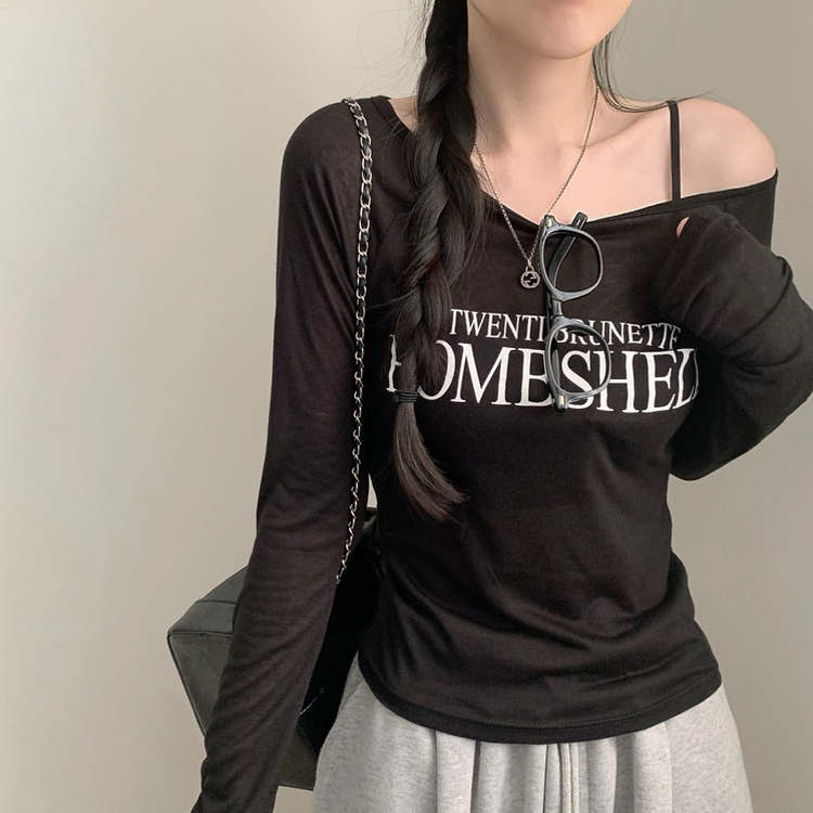 レタリングシアーオフショルTシャツ BLACK