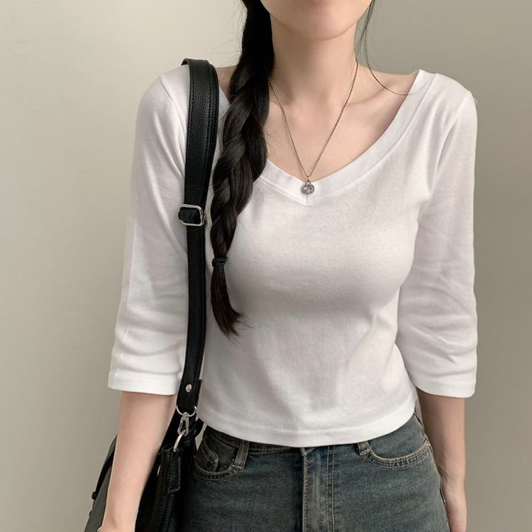 七分袖コットンVネックTシャツ(6color) IVORY