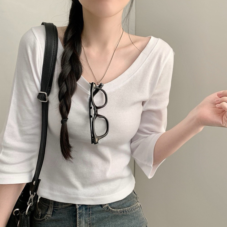 七分袖コットンVネックTシャツ(6color) IVORY