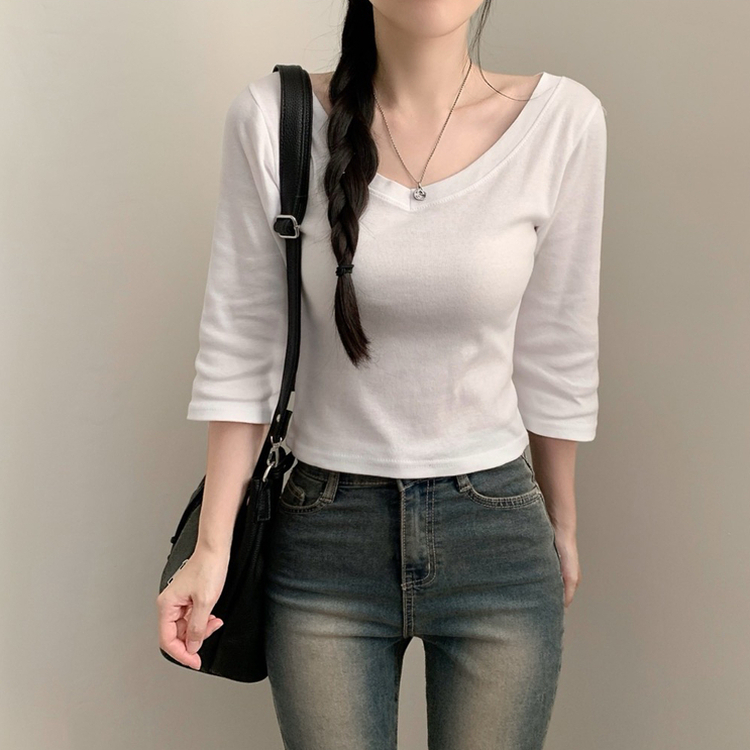 七分袖コットンVネックTシャツ(6color) IVORY
