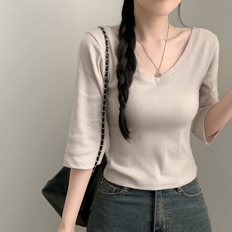 七分袖コットンVネックTシャツ(6color) DEEP BEIGE