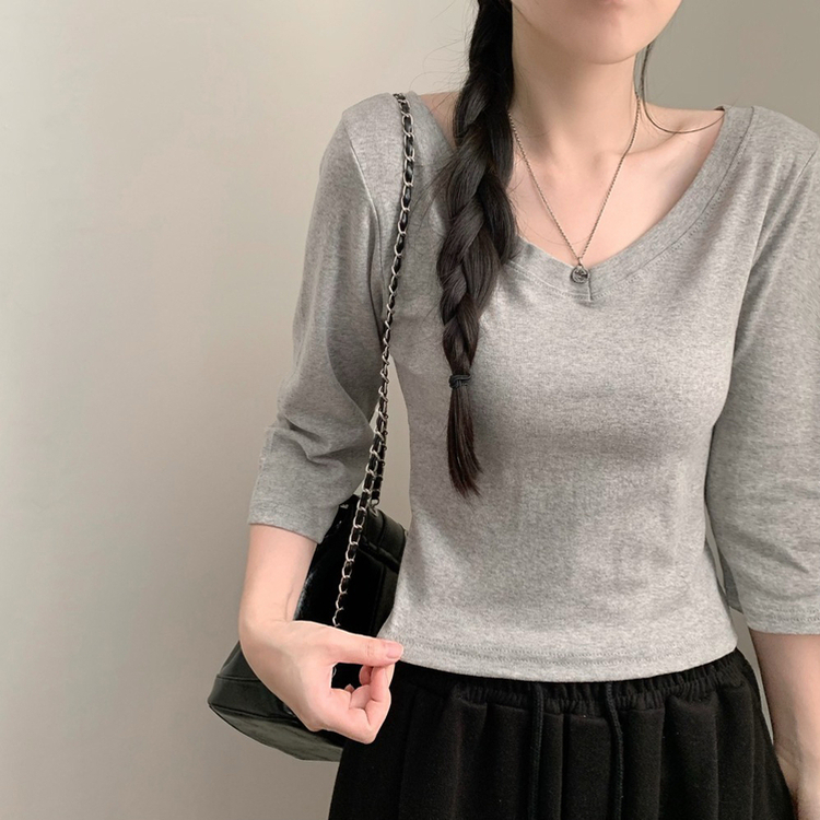 七分袖コットンVネックTシャツ(6color) GREY