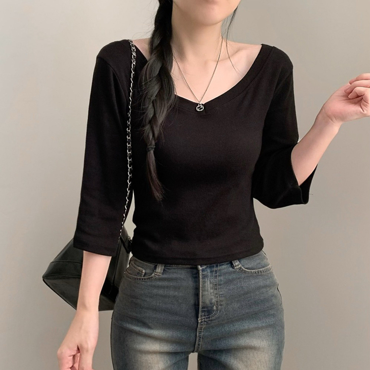 七分袖コットンVネックTシャツ(6color) BLACK