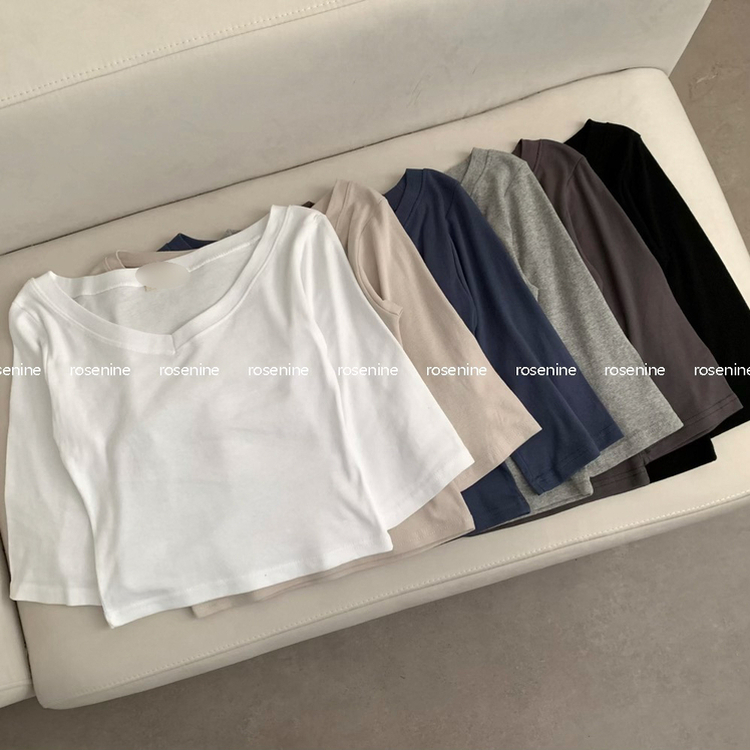 七分袖コットンVネックTシャツ(6color)
