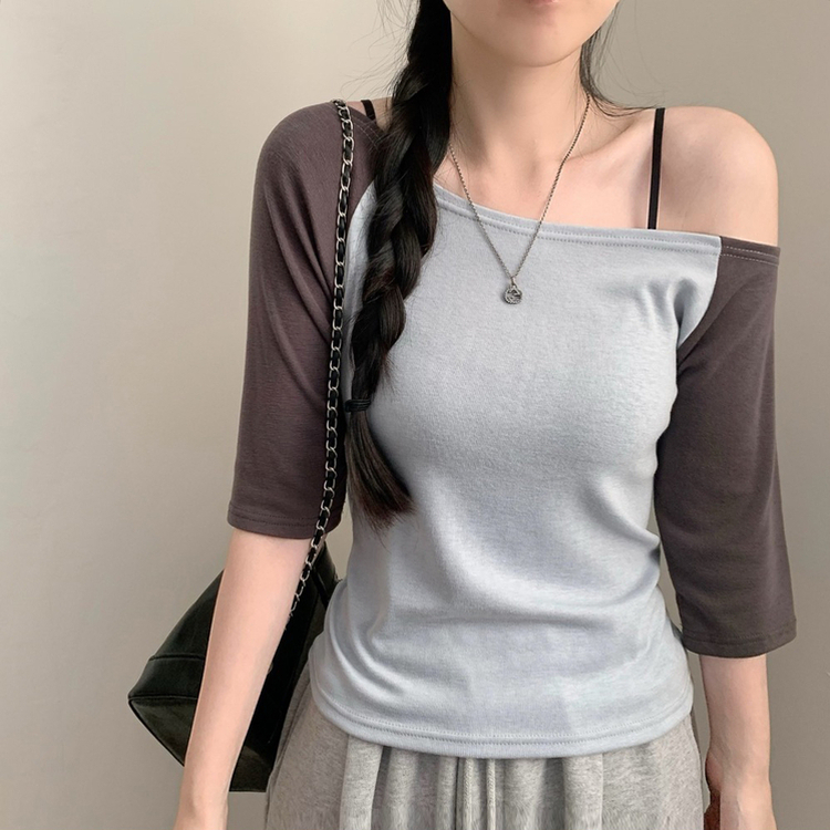 オフショルダーラグラン7分袖Tシャツ SKY BLUE