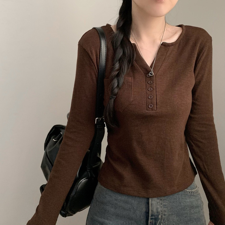 ヘンリーネックボタンTシャツ(5color)｜長袖Tシャツ｜韓国ファッション