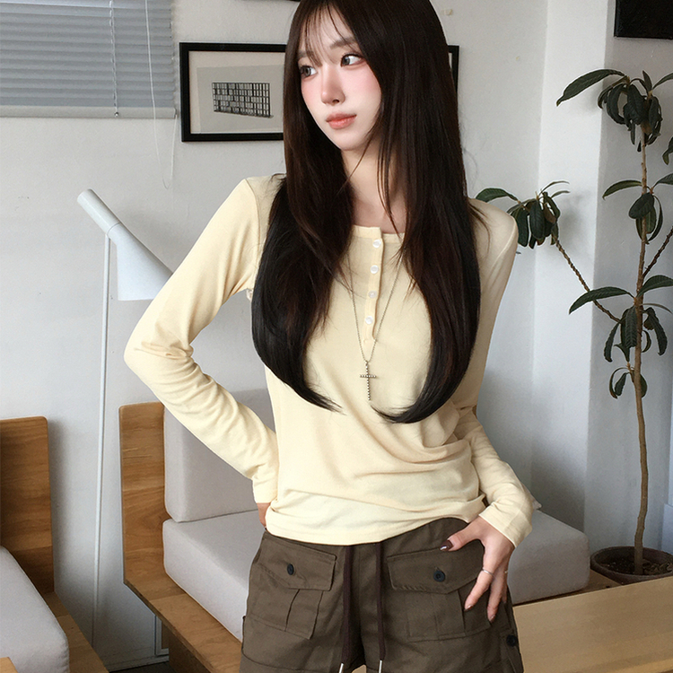 シアーレイヤードボタンTシャツ(5color) LIGHT YELLOW