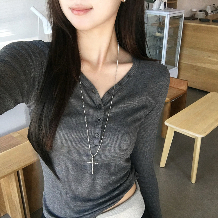 ボタンヘンリーネックリブTシャツ(5color) CHARCOAL