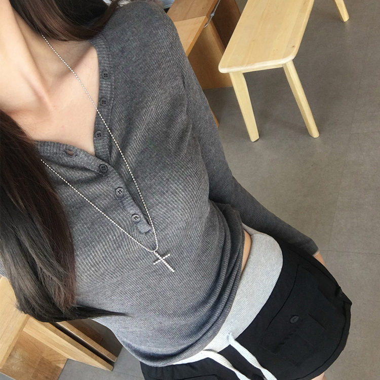 ボタンヘンリーネックリブTシャツ(5color) CHARCOAL