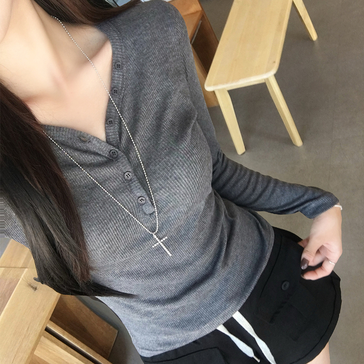 ボタンヘンリーネックリブTシャツ(5color) CHARCOAL
