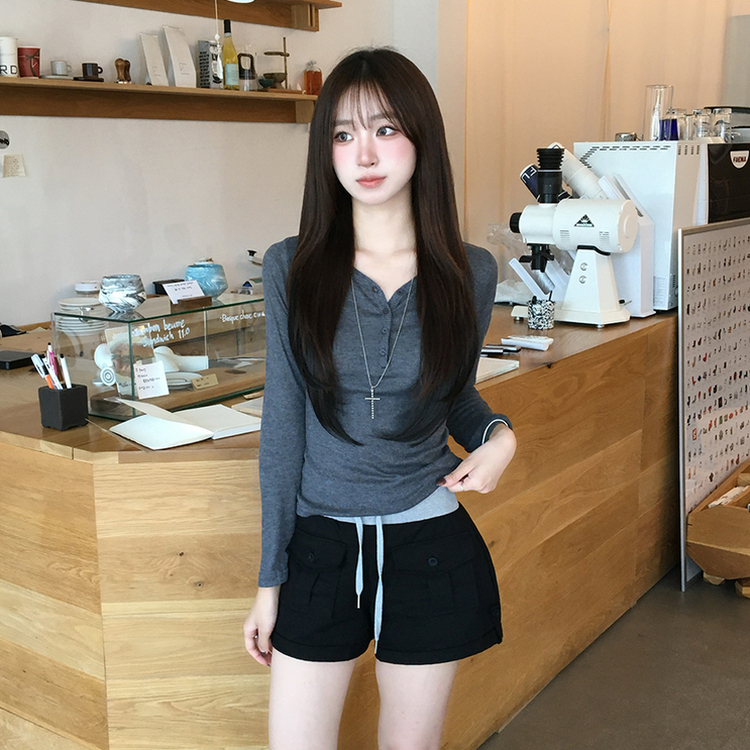 ボタンヘンリーネックリブTシャツ(5color) CHARCOAL