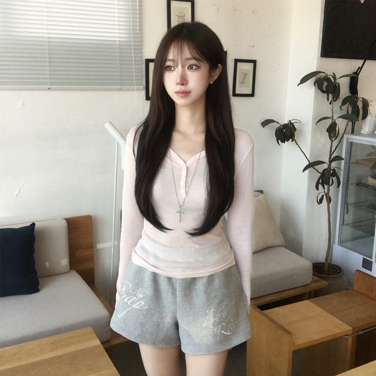ボタンヘンリーネックリブTシャツ(5color) PINK