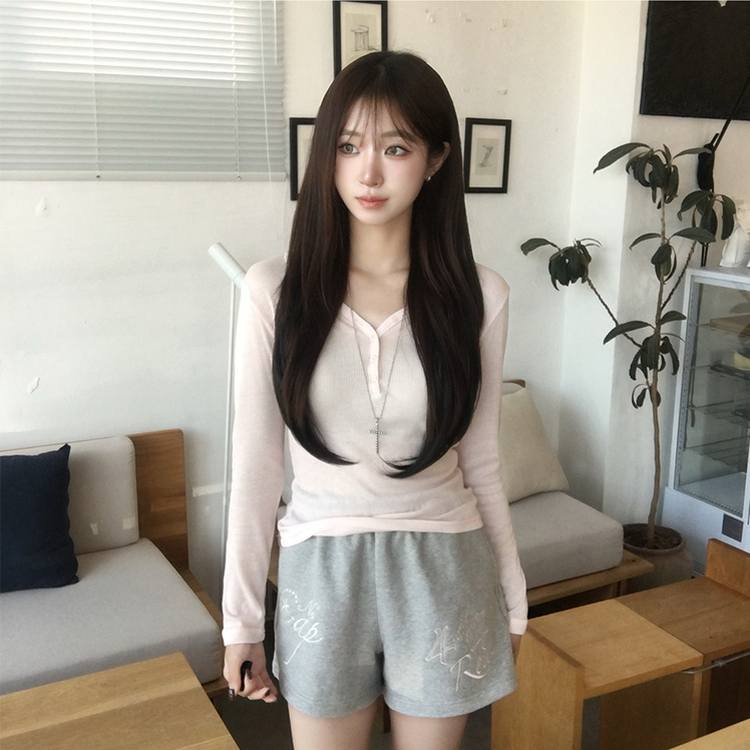 ボタンヘンリーネックリブTシャツ(5color) PINK