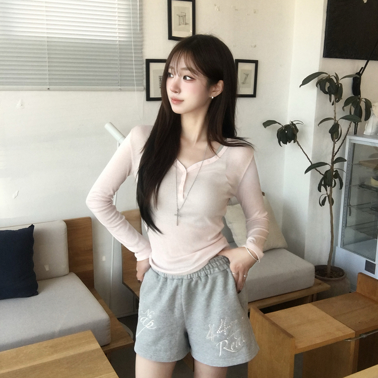 ボタンヘンリーネックリブTシャツ(5color) PINK