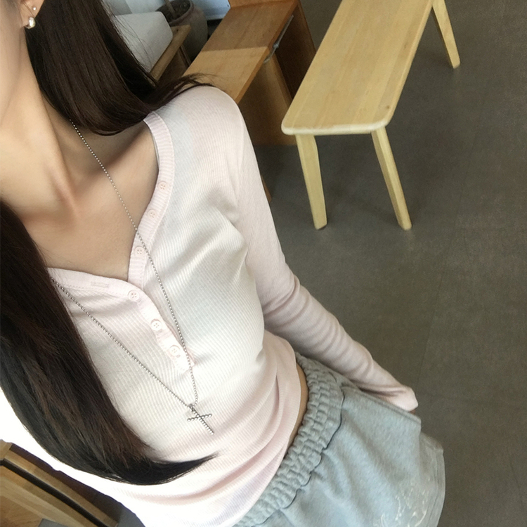 ボタンヘンリーネックリブTシャツ(5color) PINK