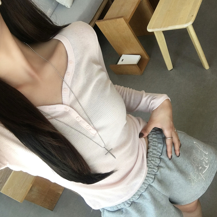 ボタンヘンリーネックリブTシャツ(5color) PINK