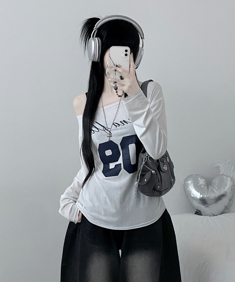 レタリングボートネックワンショルダーTシャツ IVORY