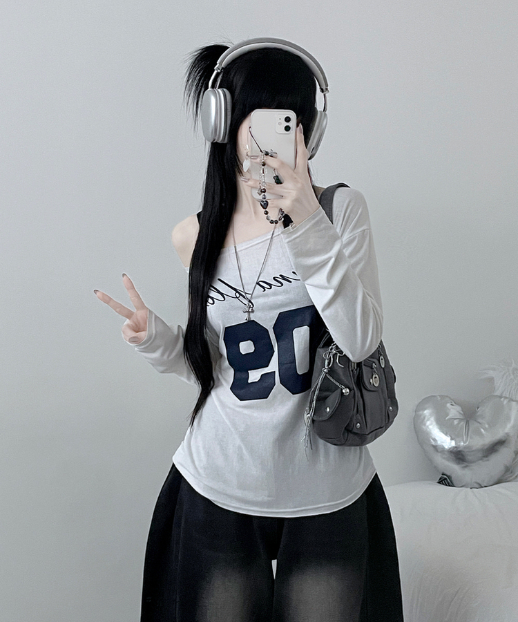 レタリングボートネックワンショルダーTシャツ IVORY