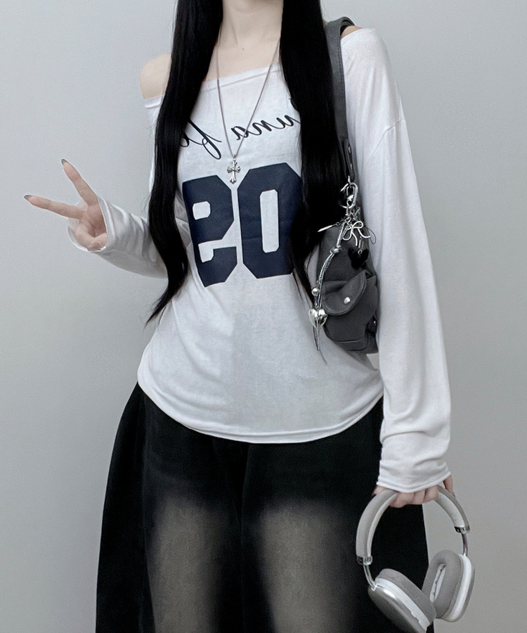 レタリングボートネックワンショルダーTシャツ IVORY