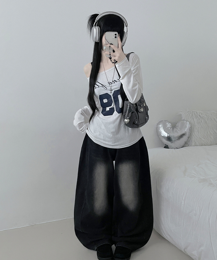 レタリングボートネックワンショルダーTシャツ IVORY