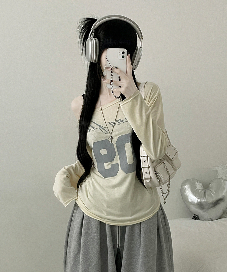 レタリングボートネックワンショルダーTシャツ YELLOW