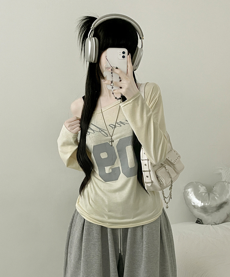 レタリングボートネックワンショルダーTシャツ YELLOW